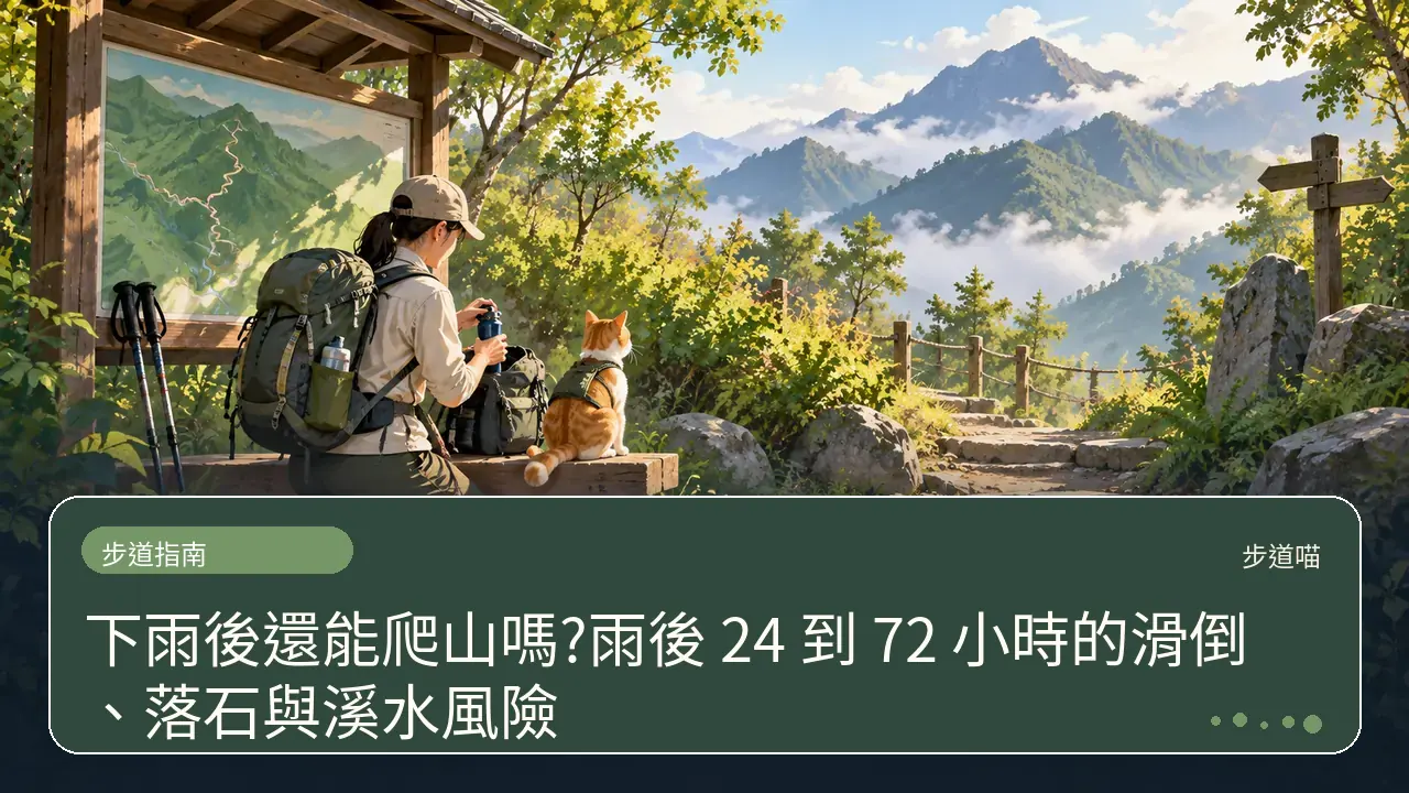 下雨後還能爬山嗎?雨後 24 到 72 小時的滑倒、落石與溪水風險主題插畫