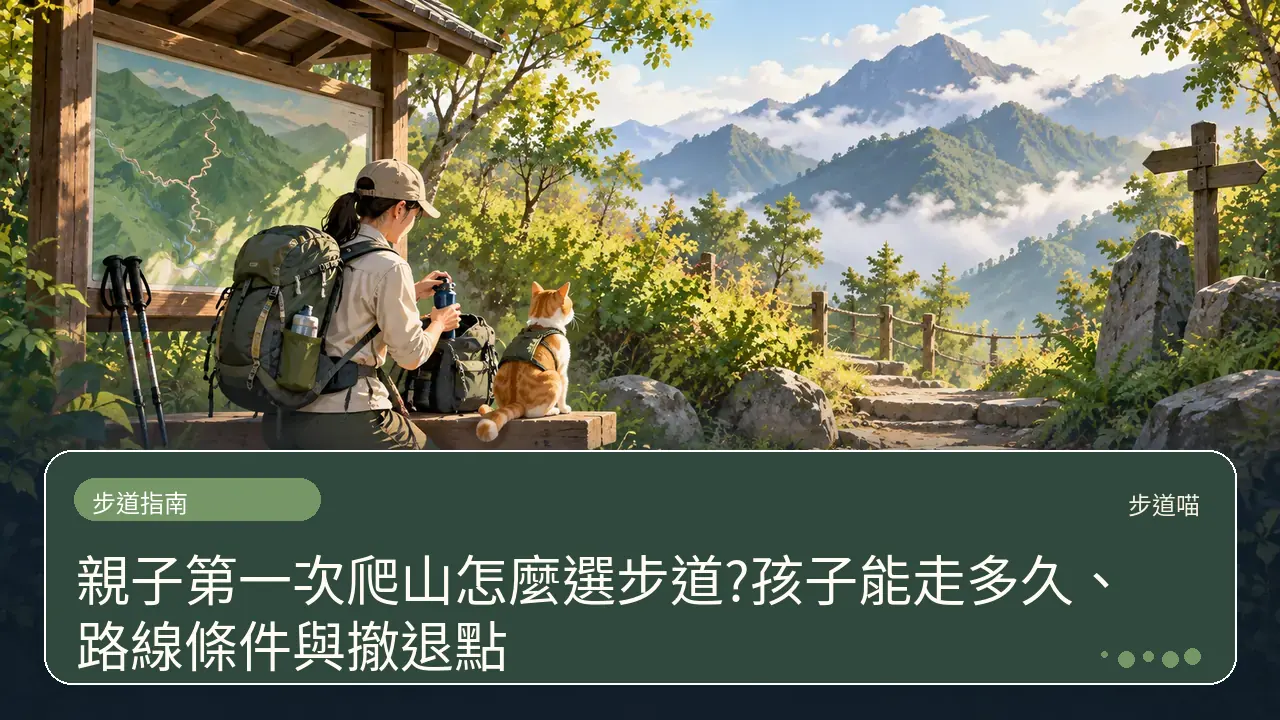 親子第一次爬山怎麼選步道?孩子能走多久、路線條件與撤退點主題插畫