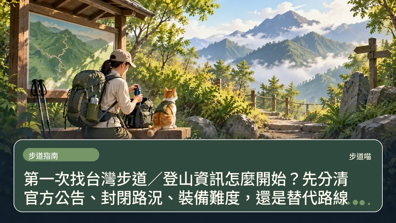 第一次找台灣步道/登山資訊怎麼開始?先分清官方公告、封閉路況、裝備難度,還是替代路線主題插畫