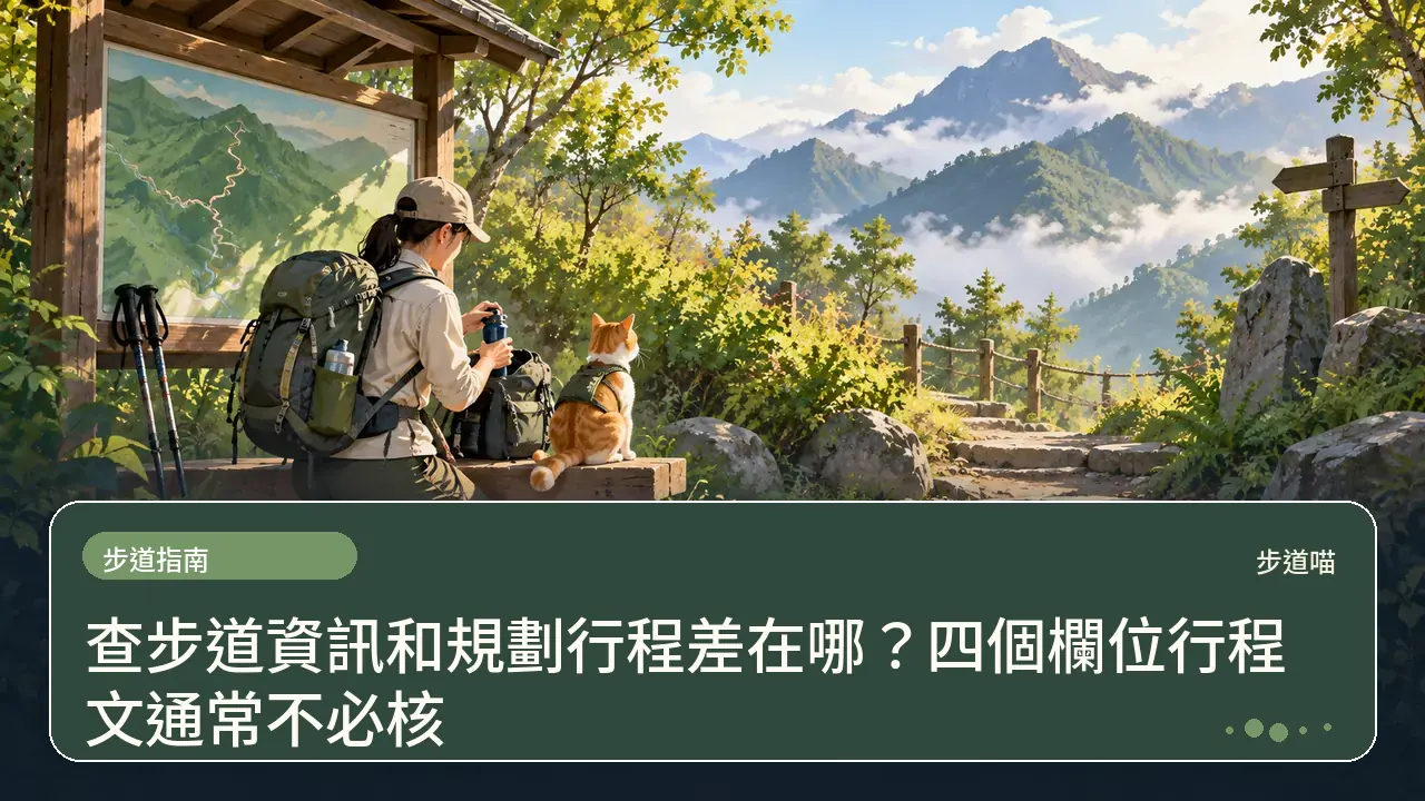 查步道資訊和規劃行程差在哪?四個欄位行程文通常不必核主題插畫